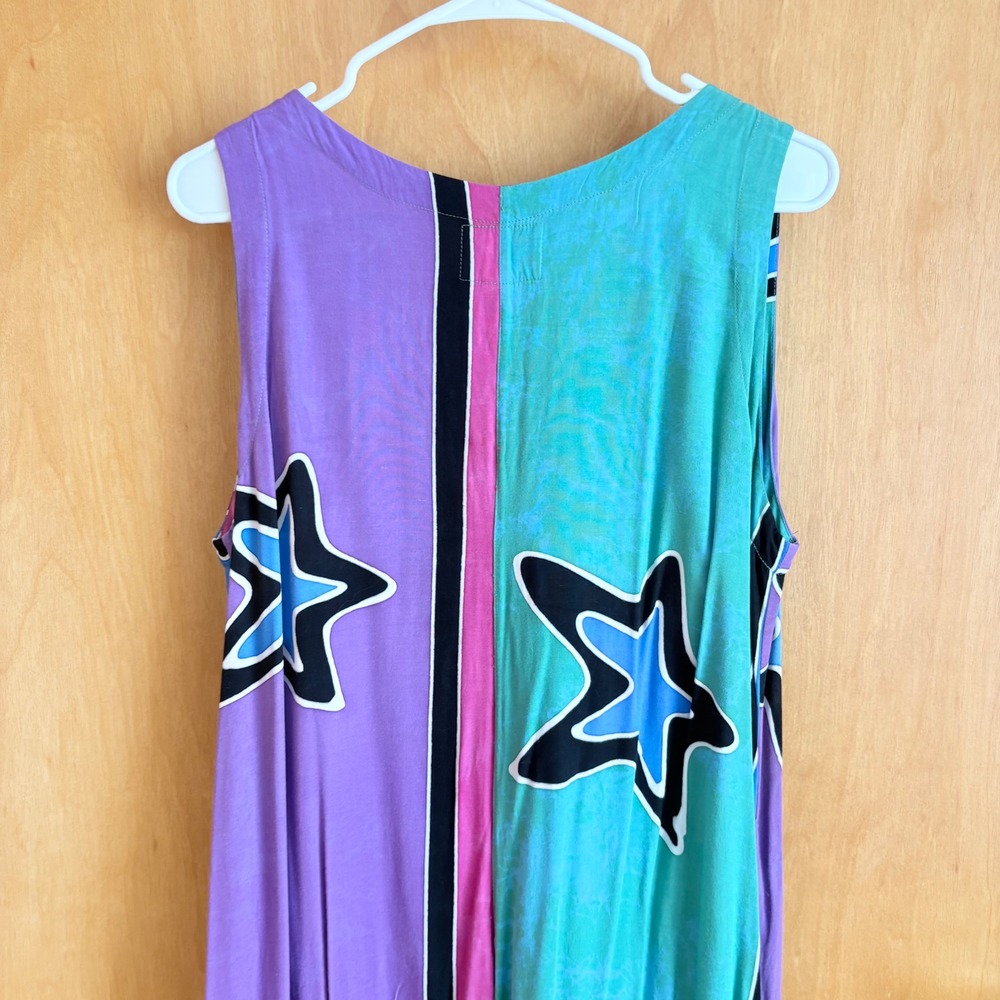 Tropical Tantrum‎ Rayon Maxi Dress OS Colorblock Star Print Handkerchief Hem - Picture 6 of 8